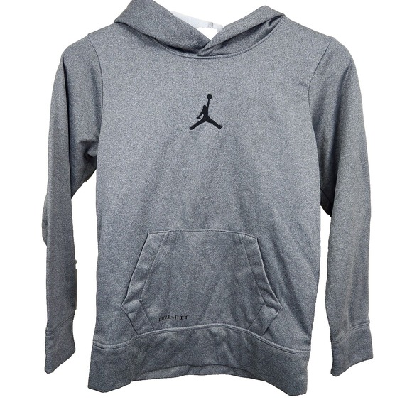 NIKE AIR JORDAN Hoodie Sweatshirt Embroidered Logo Dri-Fit Boys Gray SZ M 10/12 - Picture 1 of 8